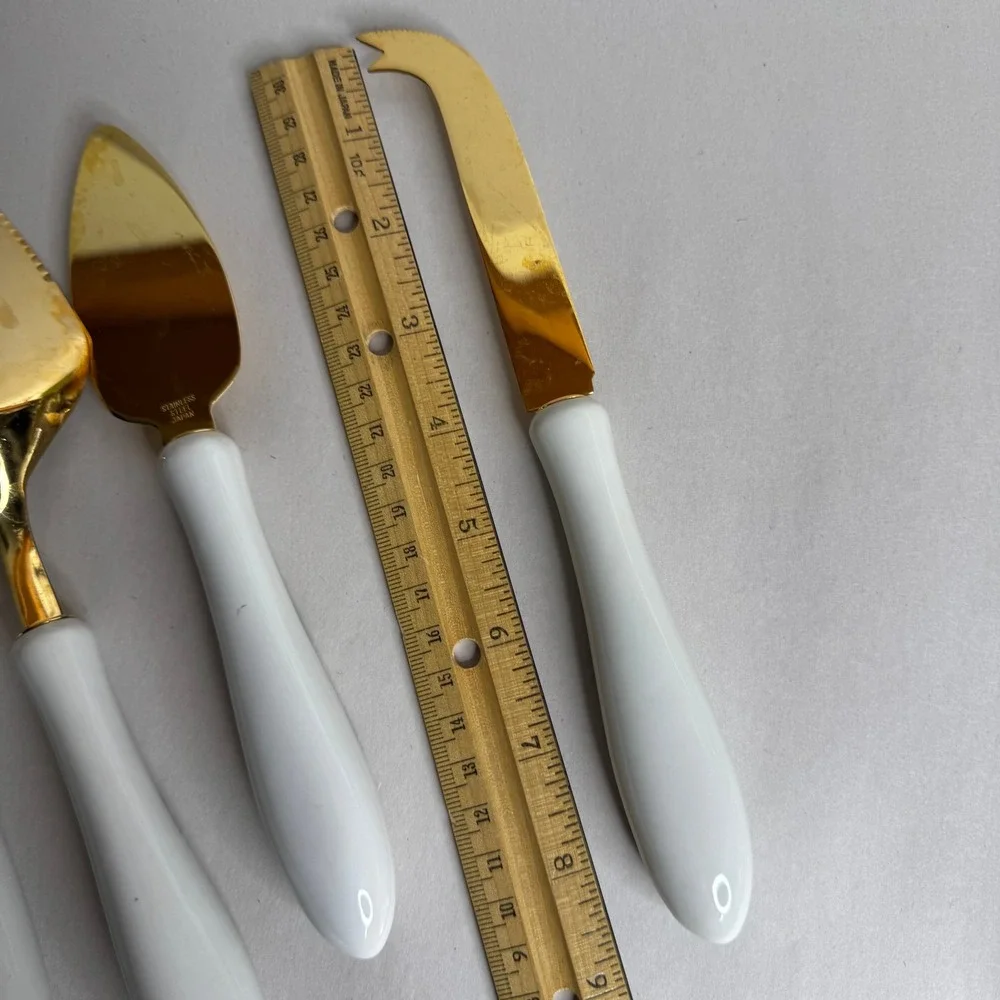 Vtg Christmas Holly Gold Cheese Knife Pie Set 4pc Stainless Steel Japan Holiday